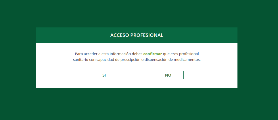 Popup de página de empresa farmaceutica solo para profesionales sanitarios