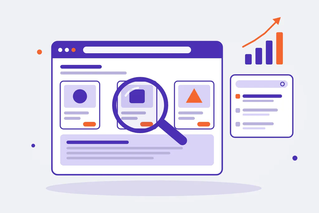 Magento store in a browser with a magnifying glass and a rising rankings chart
