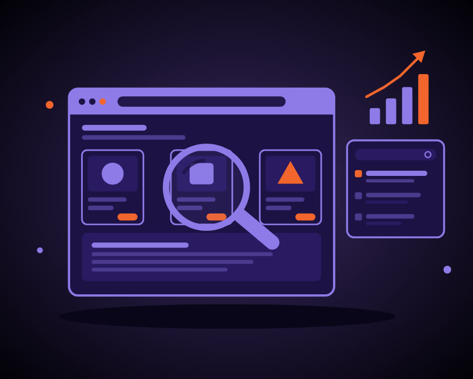 Tienda Magento en un navegador con una lupa y un gráfico de posiciones subiendo